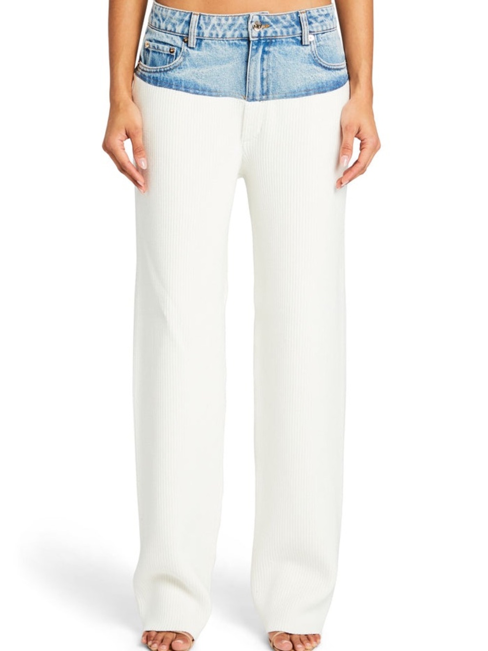 $400 Most wanted SEROYA CHANI KNIT DENIM PANT white/denim blue gold PRICE FIRM